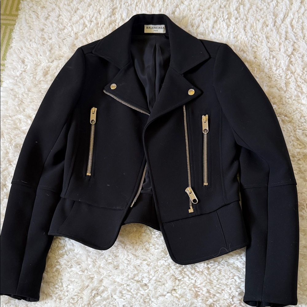 Balenciaga Black Cropped Biker Jacket with Gold Hardware